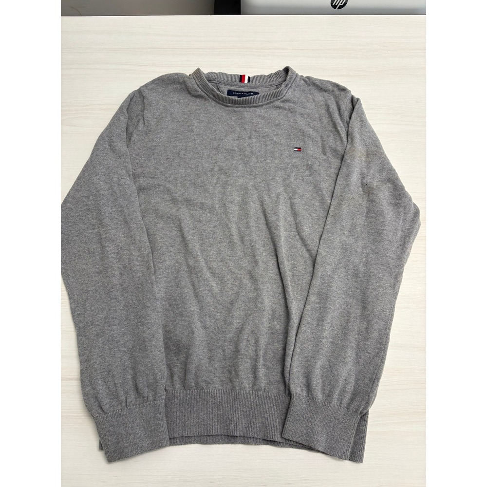 Tommy Hilfiger Sweater Men's Medium Gray Crewneck Cotton Knit Flag Logo